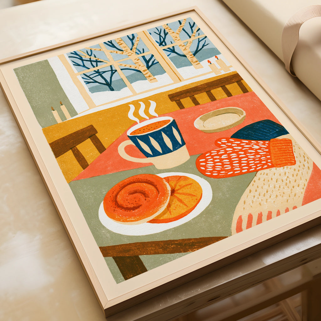Vintage Food Poster Print, Rustic Kitchen Decor, Retro Mid Century Risograph Winter Scene