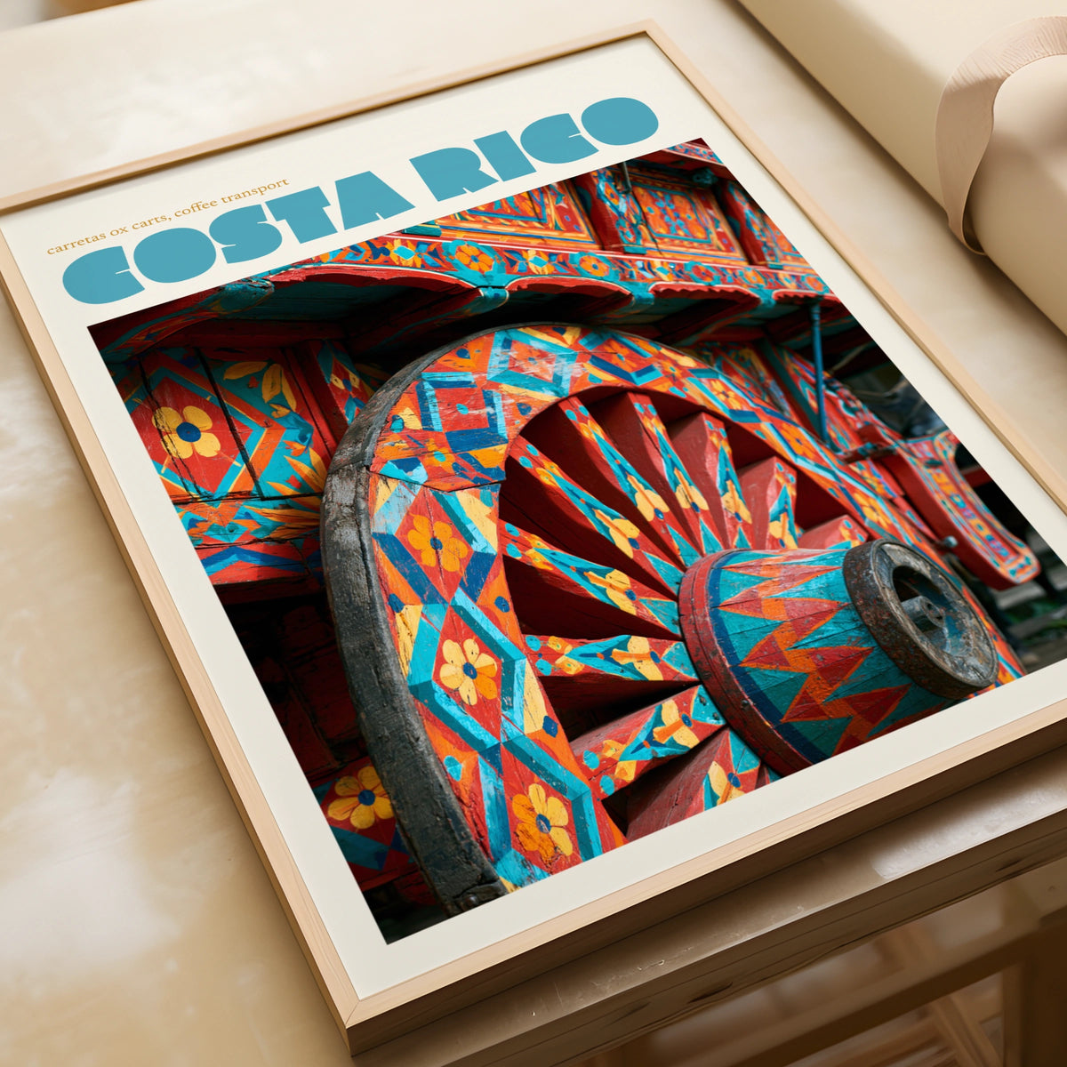 Costa Rica Travel Poster, Retro Ox Cart Print, Colourful Carreta Wall Art Decor