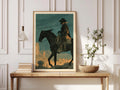 Western Cowboy Wall Art, Vintage Desert Landscape Print, Cowboy on Horseback Poster, Teal and Orange