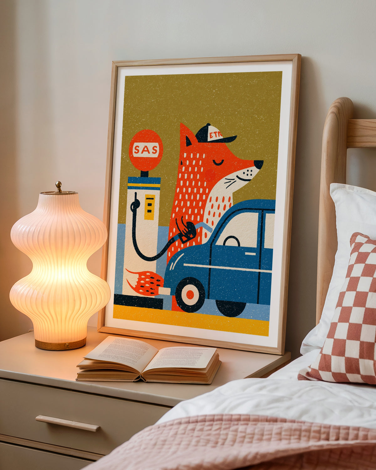 Retro Fox Gas Station Art Print, Vintage Animal Wall Art, Folk Style Car Print, Kids Room Decor