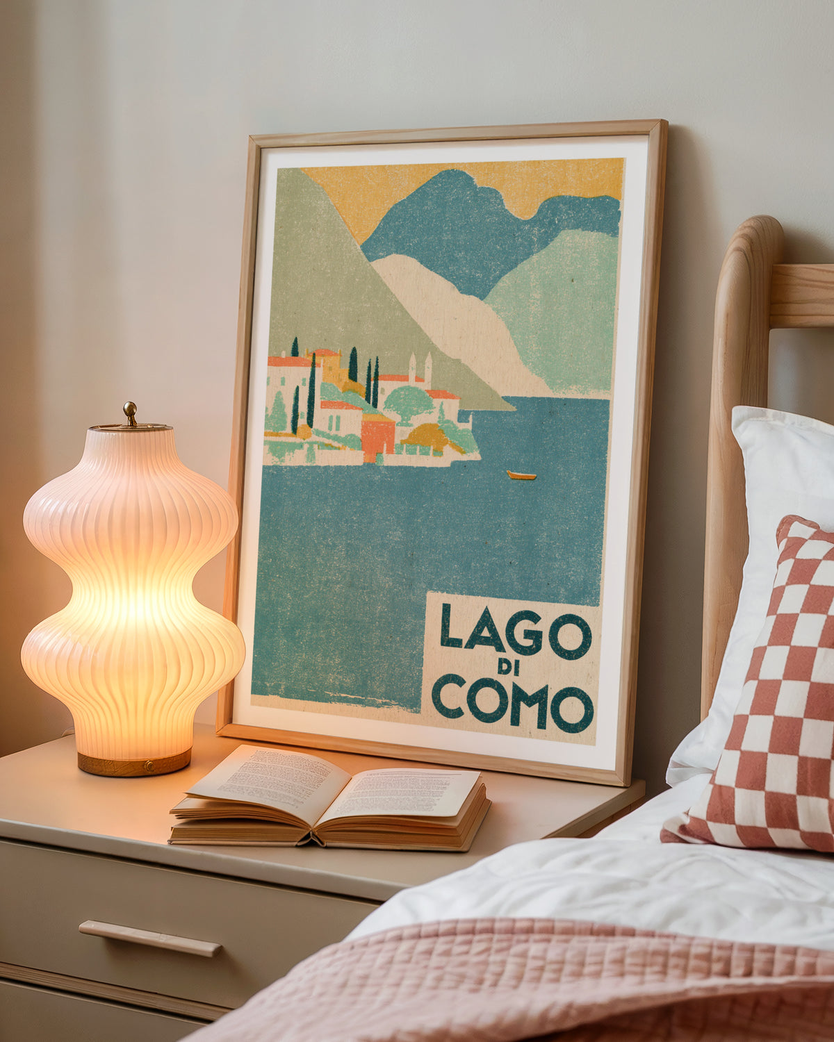 Lago di Como Retro Travel Poster, Vintage Travel Italy Lake Print, Italian Lakeside Village Wall Art