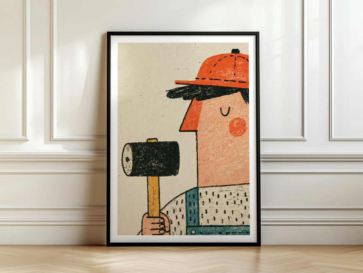 Retro Builder Poster, Vintage Worker Wall Art Print, Quirky Tradesman Illustration, Fun Workshop