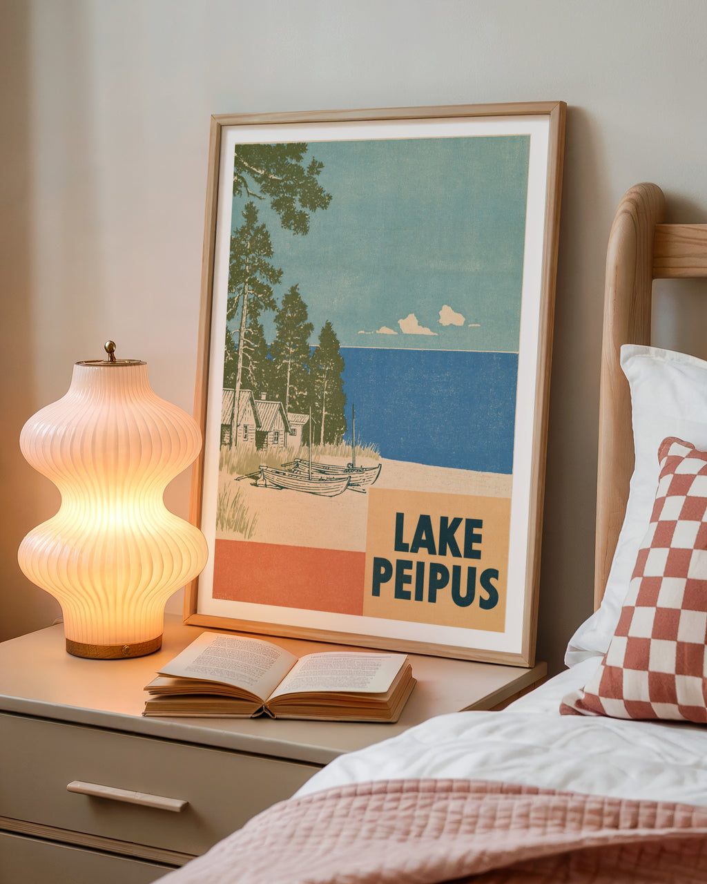 Lake Peipus Print, Retro Estonia Travel Poster, Vintage Travel Wall Art, Baltic Lakeside Beach Boats