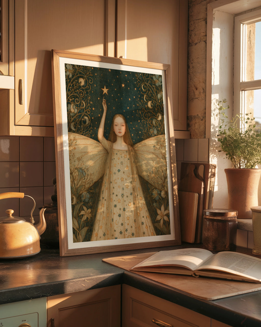 Star Fairy Star Print, Classic Celestial Fairy Poster, Teal Gold Moon Wall Art, Whimsical Folk