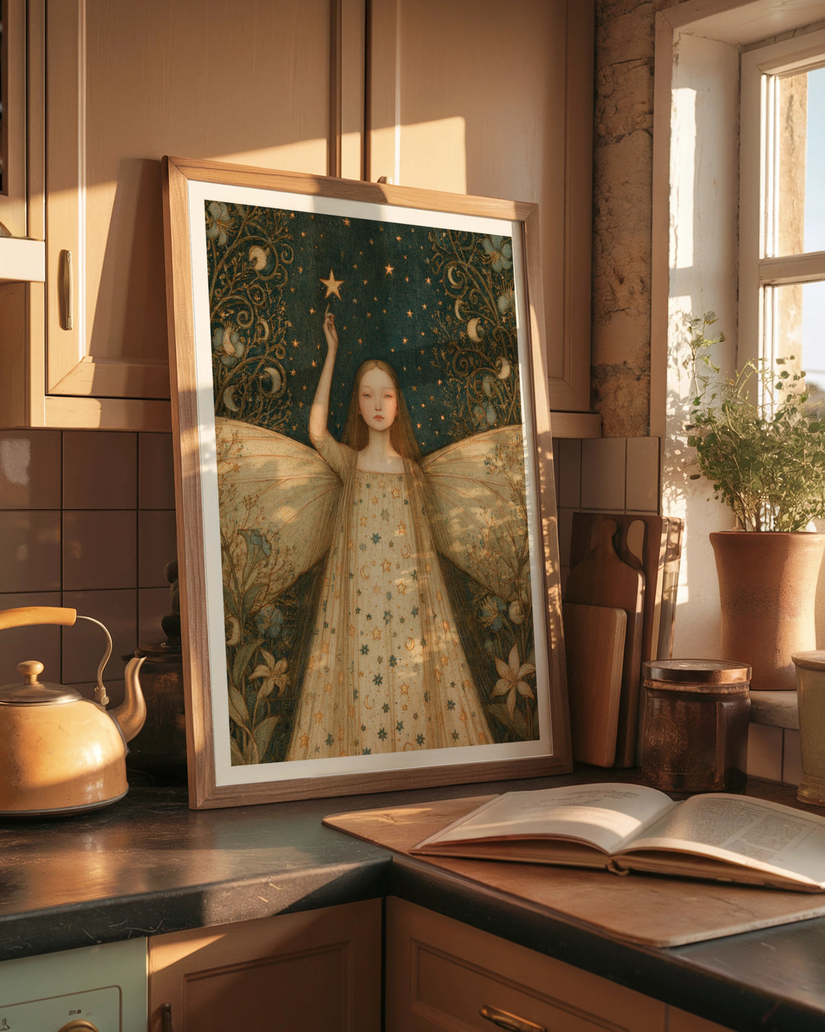 Star Fairy Star Print, Classic Celestial Fairy Poster, Teal Gold Moon Wall Art, Whimsical Folk