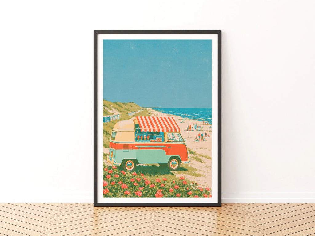 Retro Ice Cream Van Beach Poster, Vintage Camper Van Wall Art, Coastal Summer Print