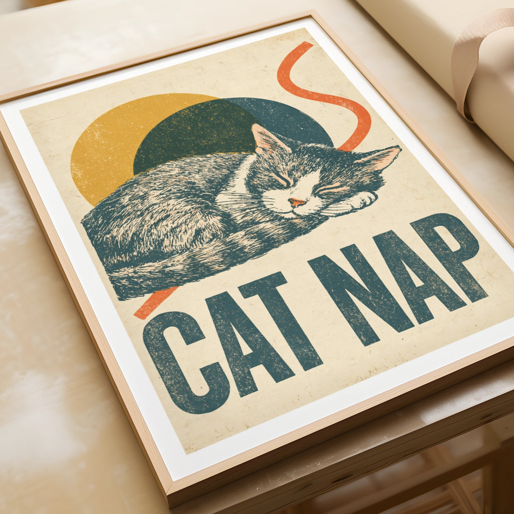 Cat Nap Retro Print, Sleeping Cat Wall Art, Vintage Folk Style Cat Lover Gift