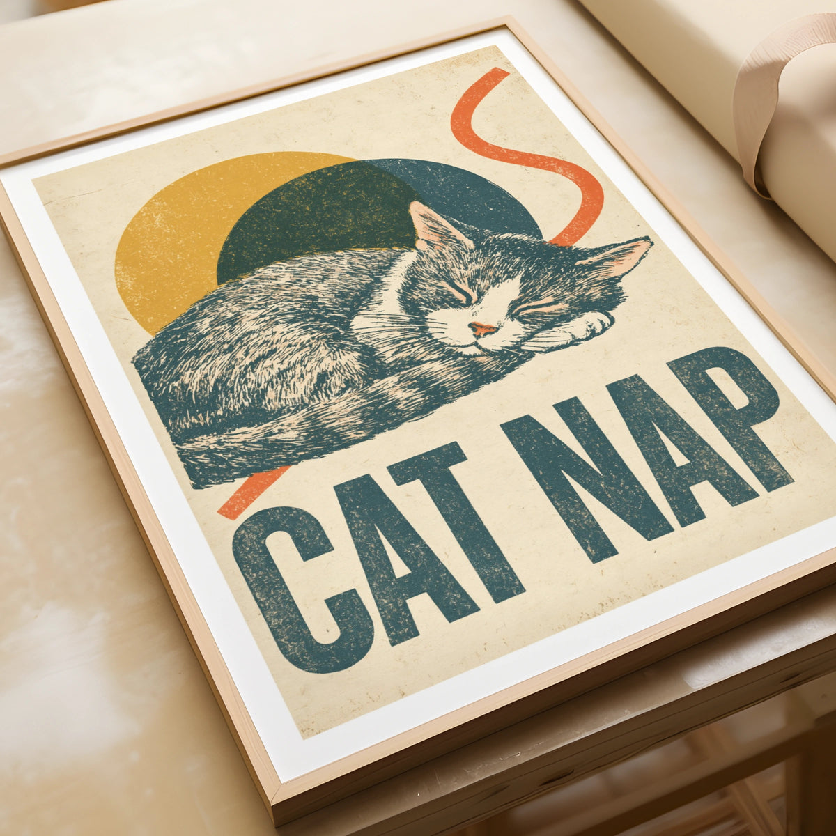 Cat Nap Retro Print, Sleeping Cat Wall Art, Vintage Folk Style Cat Lover Gift