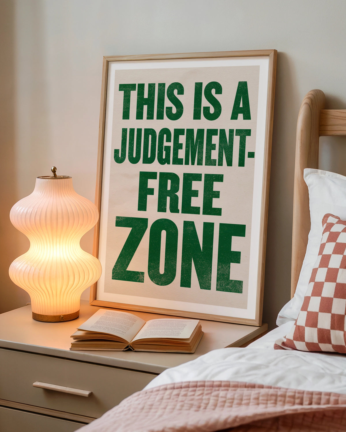 Judgement Free Zone Typography Print, Bold Green Quote Poster, Fun Office Wall Art