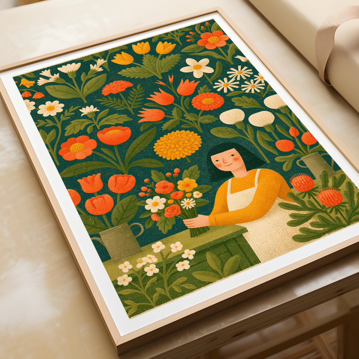 Vintage Florist Girl Poster, Retro Flower Shop Wall Art, Botanical Garden Print