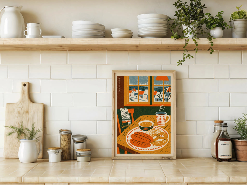 Vintage Food Poster Print, Winter Cafe, Rustic Kitchen Decor, Retro Mid Century Risograph Art