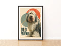 Old English Sheepdog Retro Poster, Vintage Dog Print, Folk Wall Art, Bobtail Gift