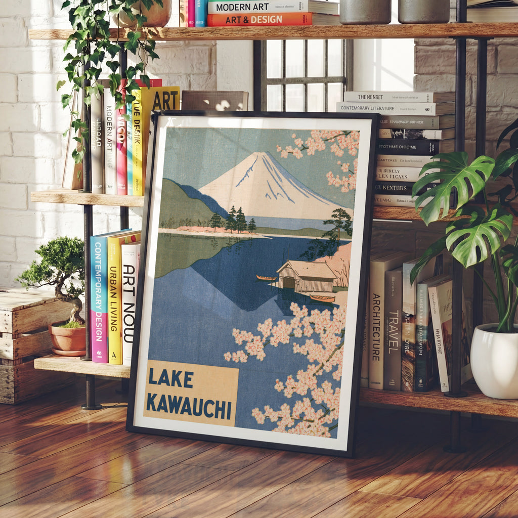 Lake Kawaguchi Retro Travel Print, Mount Fuji Vintage Travel Poster, Japan Cherry Blossom Wall Art