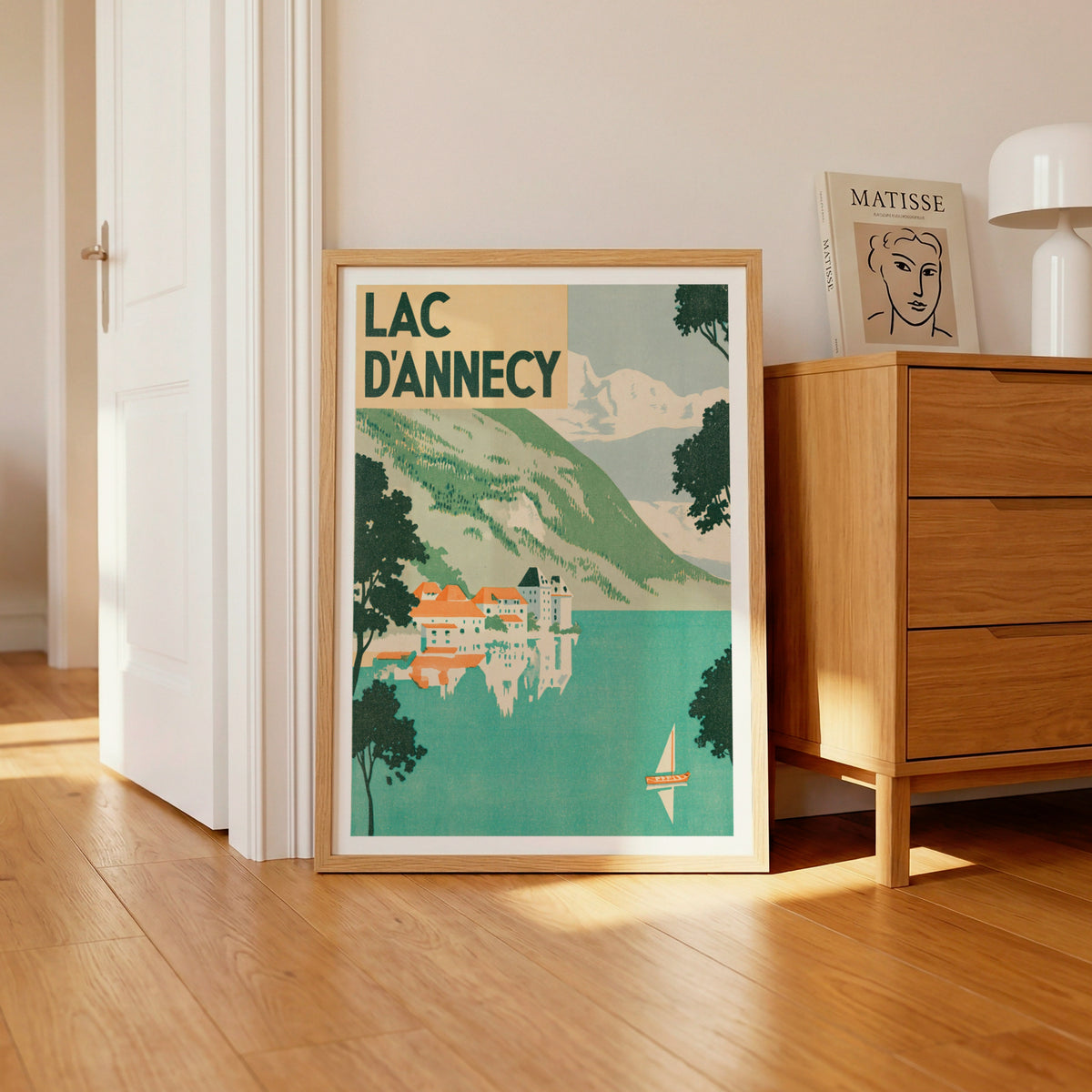 Retro Lac d'Annecy Poster, Vintage Travel Print, French Alps Lake Wall Art, Turquoise Lake Scene