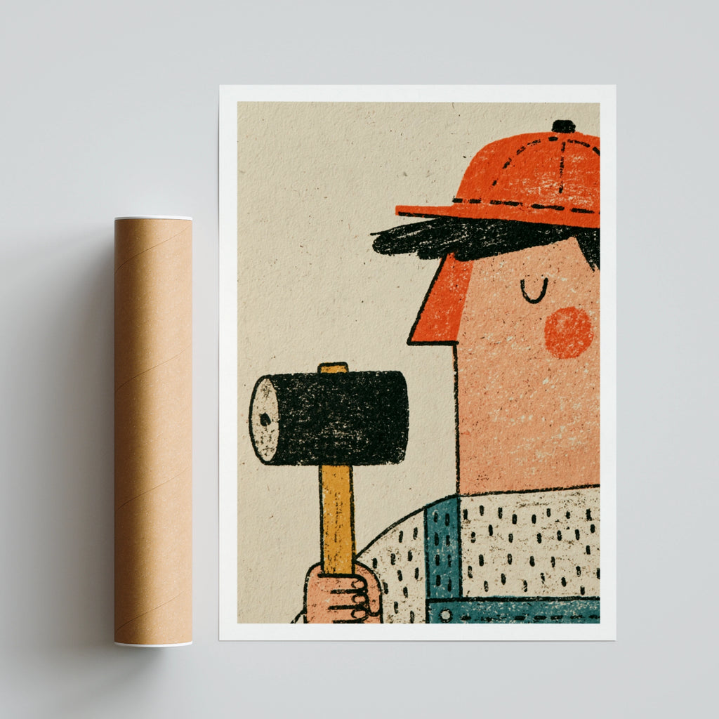 Retro Builder Poster, Vintage Worker Wall Art Print, Quirky Tradesman Illustration, Fun Workshop