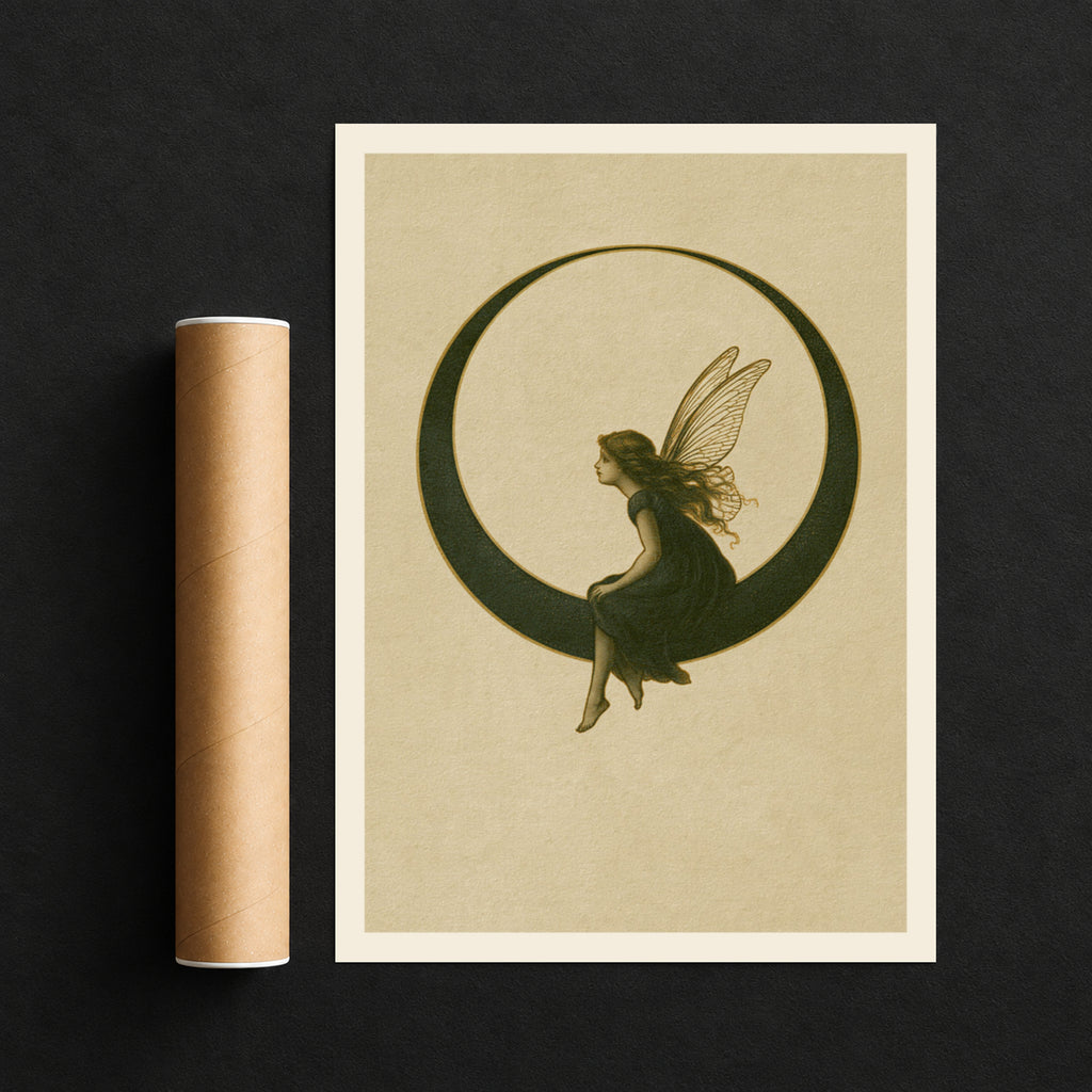 Fairy on Crescent Moon Art Print, Vintage Fairycore Poster, Celestial Wall Art, Whimsical Nursery