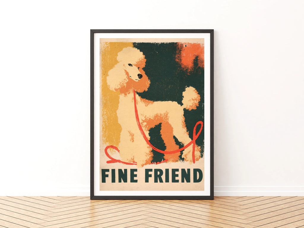 Retro Poodle Art Print, Fine Friend Dog Wall Art, Vintage Style Folk Print, Gift for Dog Lovers