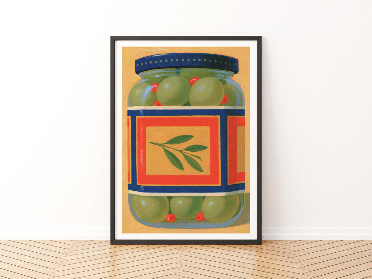 Vintage Food Poster Print, Green Olive Jar Art, Rustic Kitchen Decor, Retro Mid Century Risograph