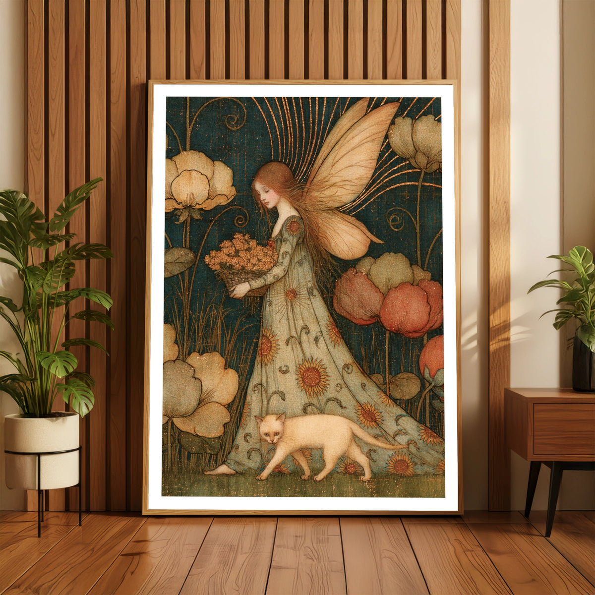 Summer Garden Fairy Art Print, Classic Vintage Fairy Poster, Teal Gold Floral Cat Wall Art
