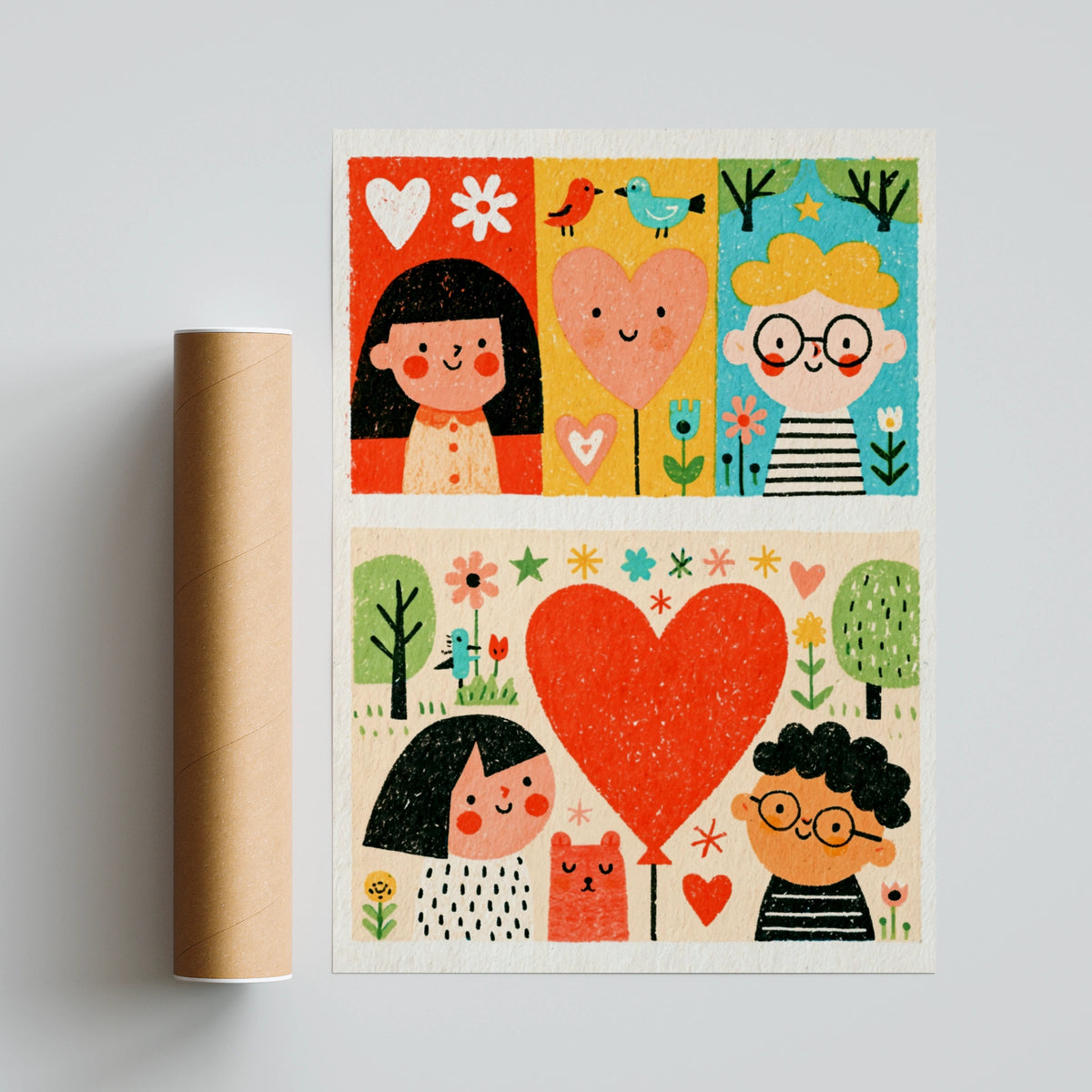 Retro Folk Art Kids Poster, Cute Children Heart Print, Colourful Nursery Wall Art Gift