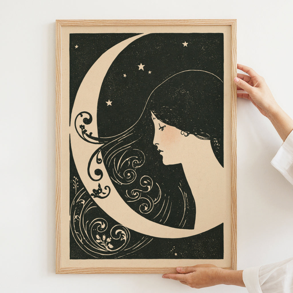 Art Nouveau Moon Print, Crescent Moon Woman Wall Art, Celestial Poster, Vintage Night Sky Stars