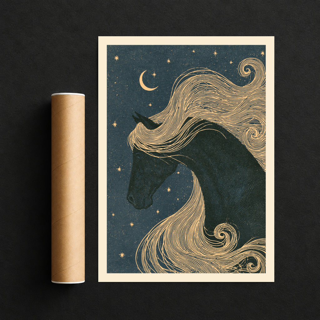 Celestial Horse Wall Art, Black Horse Poster, Moon and Stars Print, Equestrian Decor, Night Sky Art