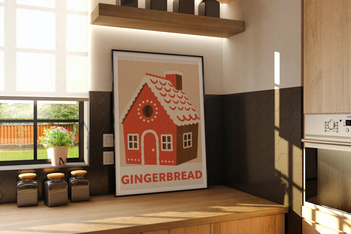 Christmas Gingerbread House Vintage Food Poster Print | Rustic Kitchen Decor | Retro Mid Century Risograph