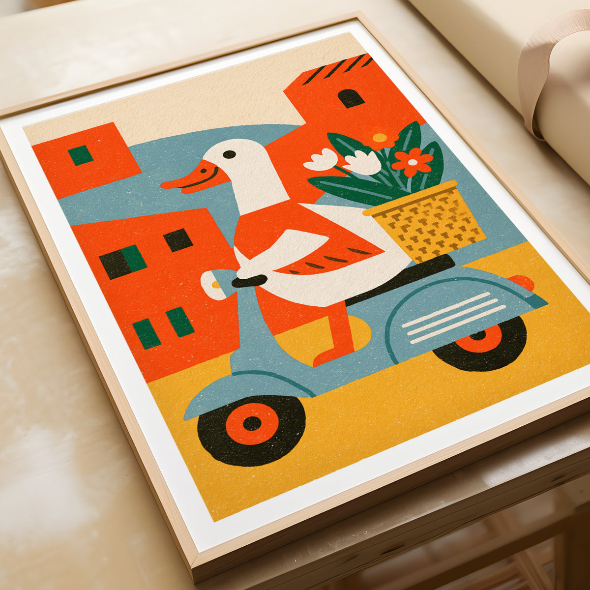 Retro Duck on Scooter Art Print, Vintage Illustrated Animal Poster, Colourful Funky Wall Art