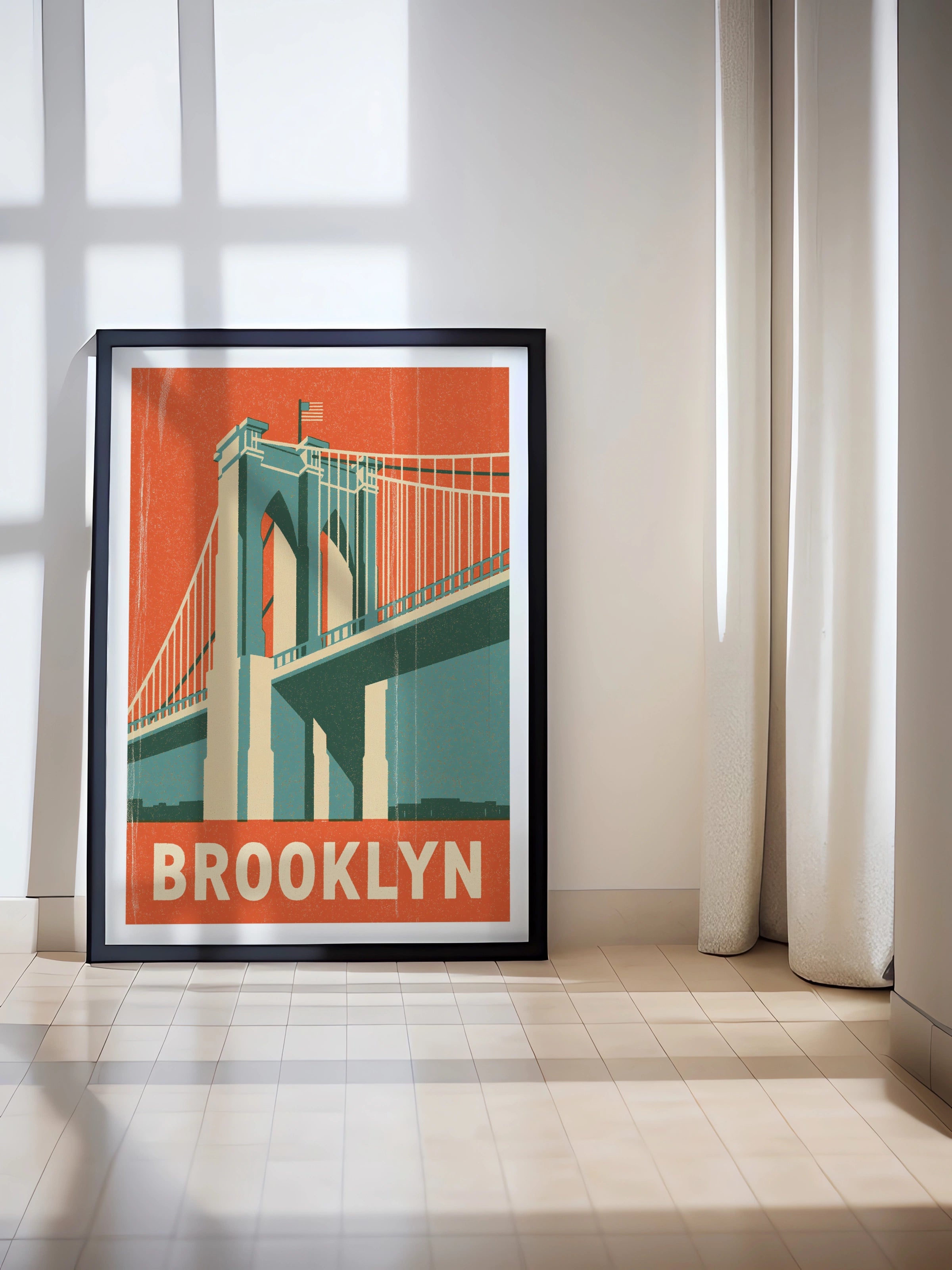 Brooklyn Bridge Retro Travel Poster, New York City Wall Art Print, NYC Vintage
