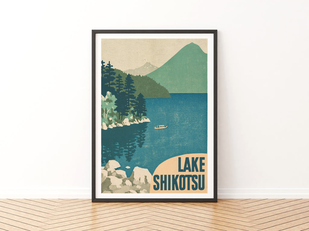 Retro Lake Shikotsu Poster, Vintage Travel Print, Hokkaido Japan Wall Art, Japanese Lake Scene