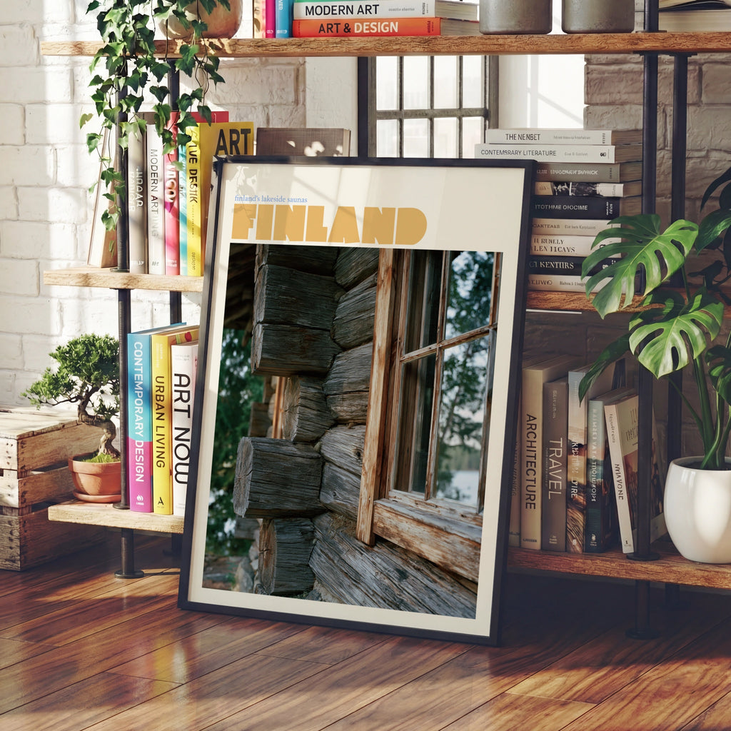 Finland Vintage Travel Poster, Lakeside Sauna Print, Scandinavian Log Cabin Wall Art