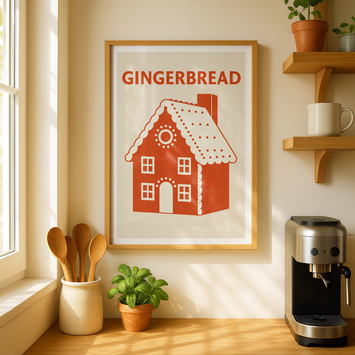 Gingerbread House Vintage Food Poster Print | Rustic Kitchen Decor | Retro Mid Century Risograph Christmas Kitchen