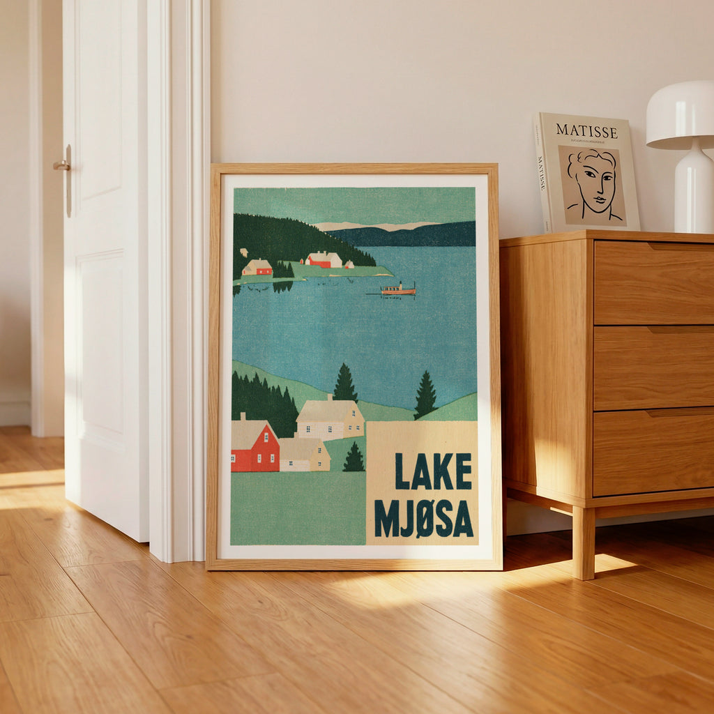 Retro Lake Mjosa Norway Poster, Vintage Travel Print, Scandinavian Wall Art, Norwegian Lake