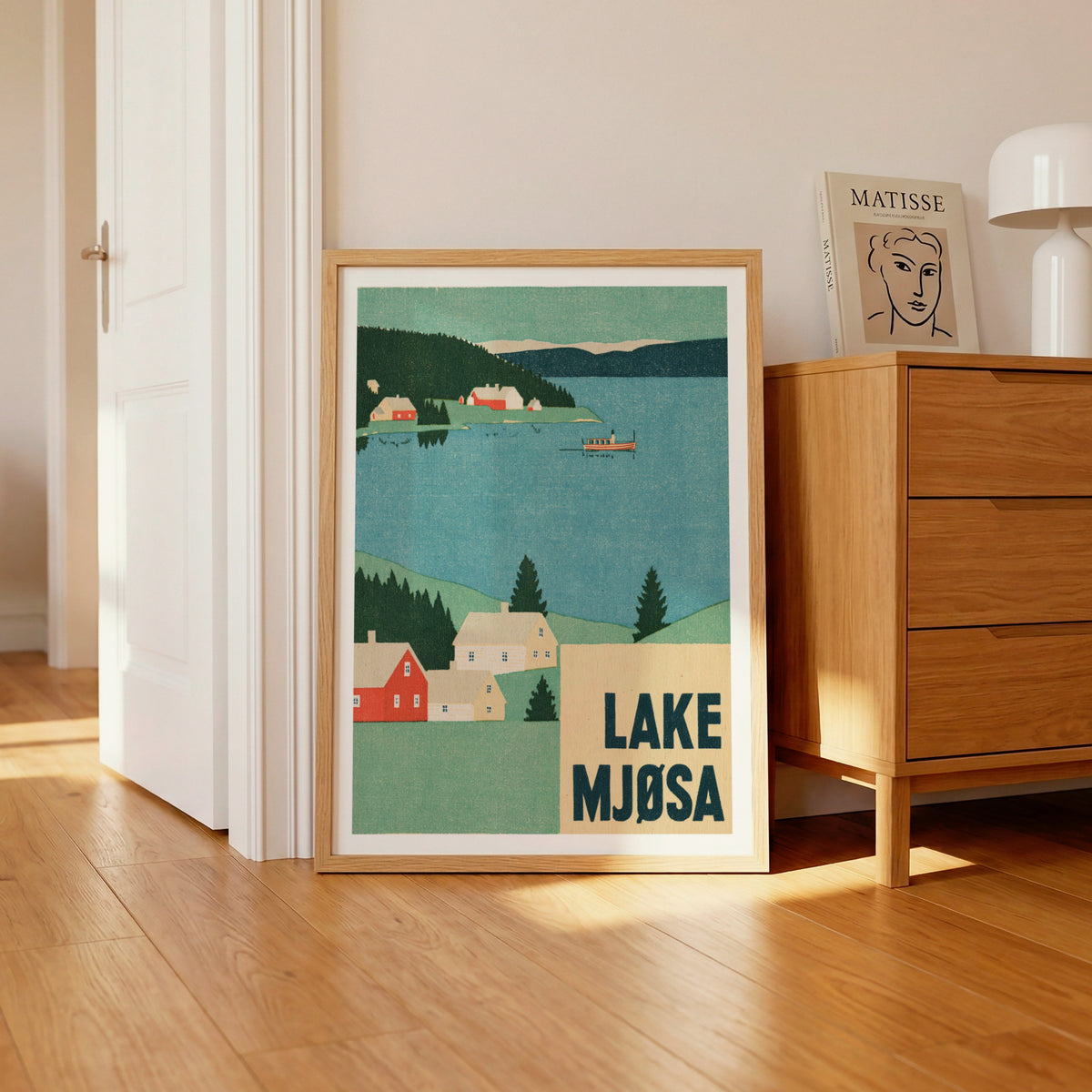 Retro Lake Mjosa Norway Poster, Vintage Travel Print, Scandinavian Wall Art, Norwegian Lake