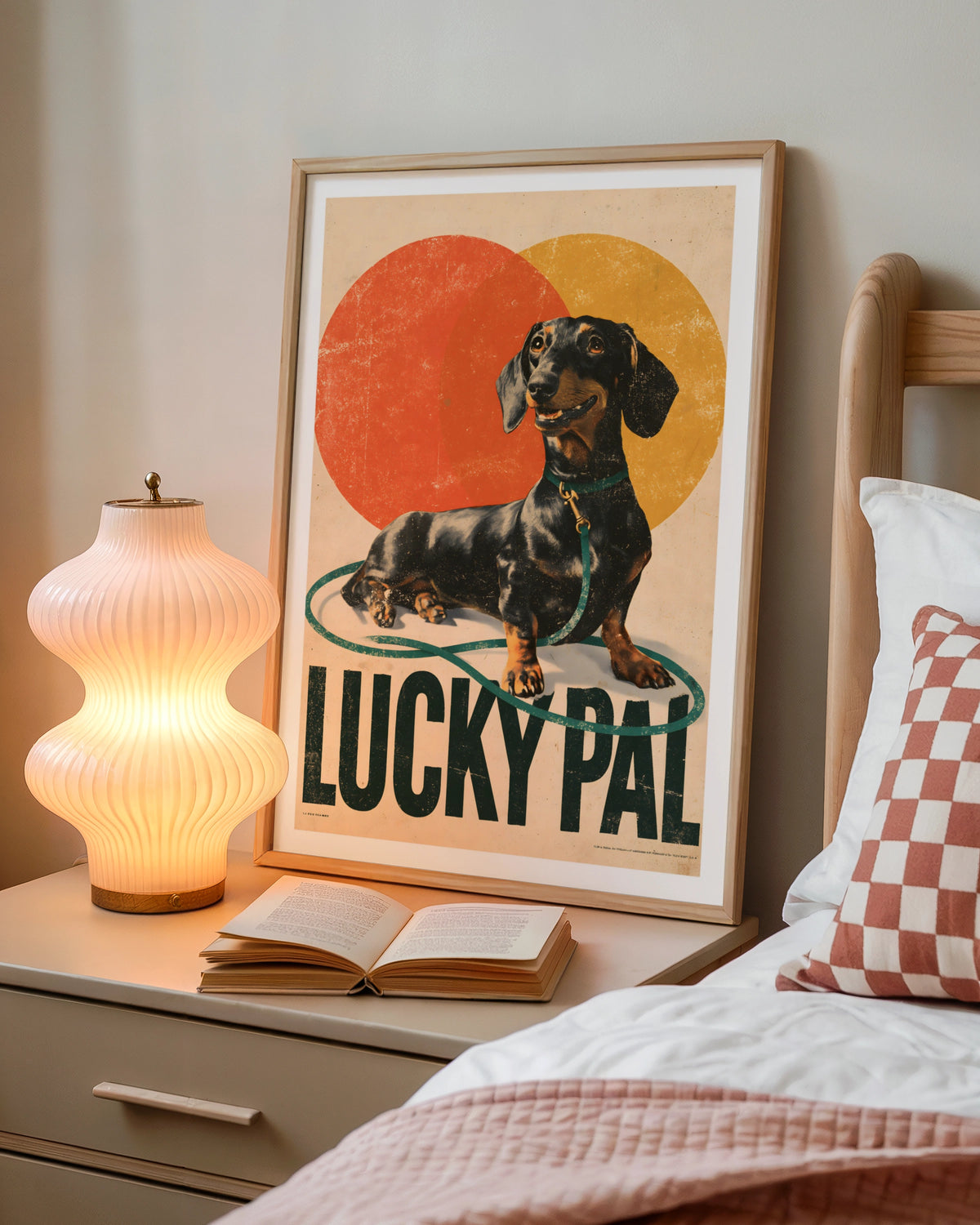 Retro Dachshund Poster, Lucky Pal Sausage Dog Print, Vintage Folk Wall Art