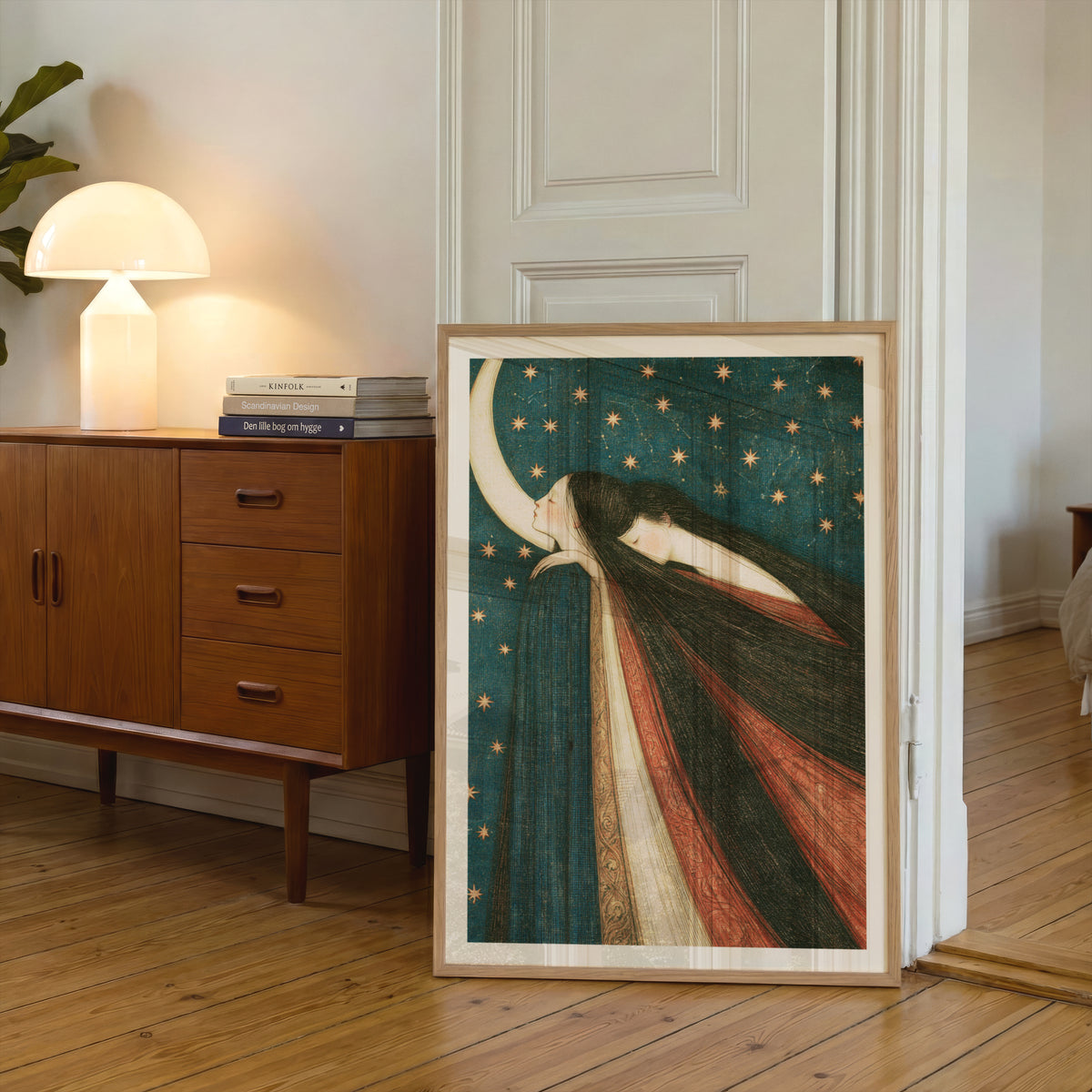 Celestial Moon Wall Art, Art Nouveau Poster, Dreamy Night Sky Print, Mystical Women Stars Decor