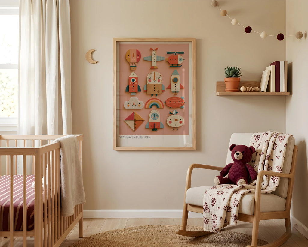 Sky Adventure Folk Retro Kids Print, Wooden Toy Art, Children's Collectable Nursery Poster