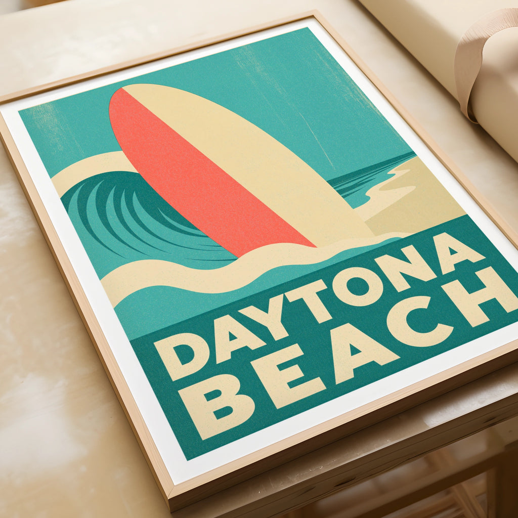 Daytona Beach Retro Surf Poster, Vintage Travel Print, Surfboard Wall Art Florida
