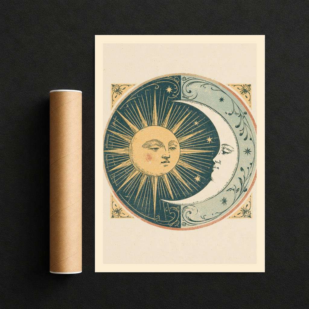 Vintage Sun and Moon Art Print, Celestial Wall Art, Boho Mystical Poster, Antique Astrology Decor