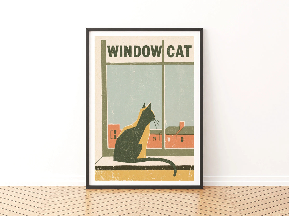Window Cat Retro Print, Vintage Cat Wall Art, Folk Style Cat Lover Gift, Quirky