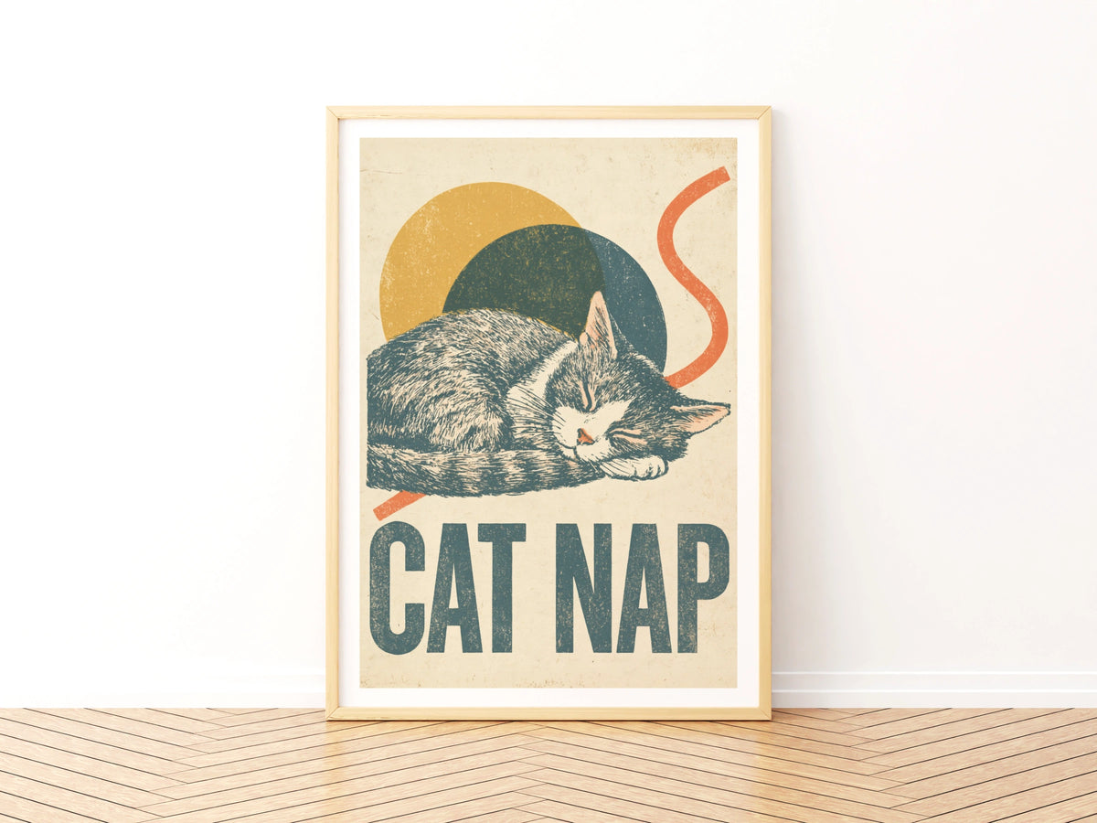 Cat Nap Retro Print, Sleeping Cat Wall Art, Vintage Folk Style Cat Lover Gift