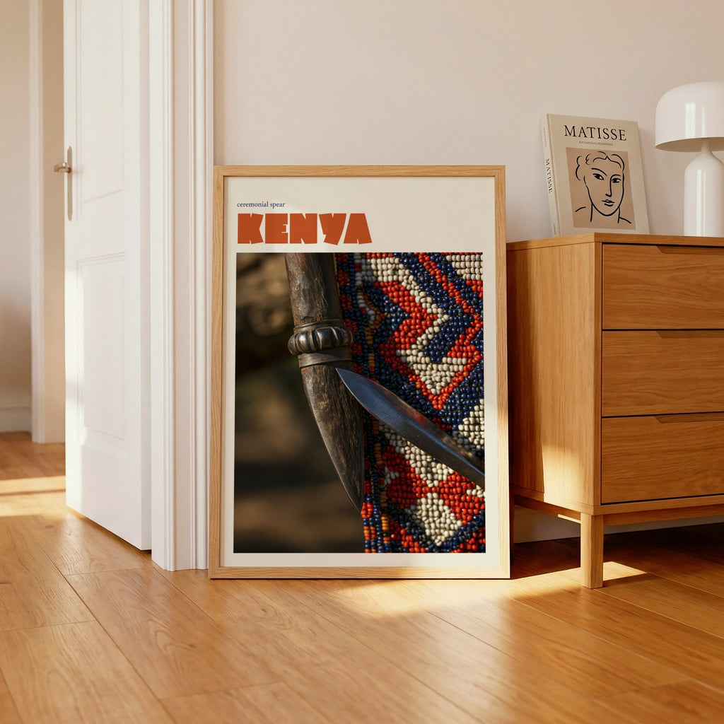 Kenya Travel Print, Contemporary African Wall Art, Maasai Ceremonial Spear, Beadwork Decor