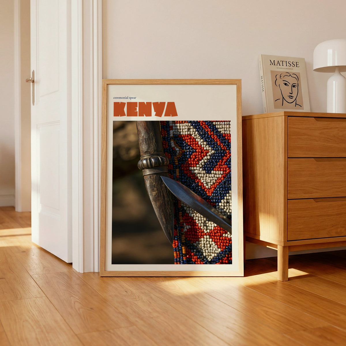 Kenya Travel Print, Contemporary African Wall Art, Maasai Ceremonial Spear, Beadwork Decor