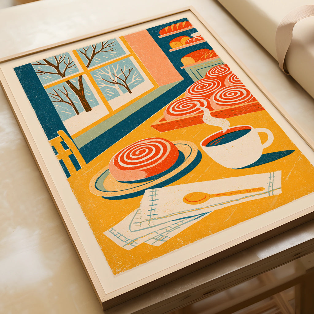 Vintage Food Poster Print, Cinnamon Roll Bakery, Rustic Kitchen Decor, Retro Mid Century Risograph