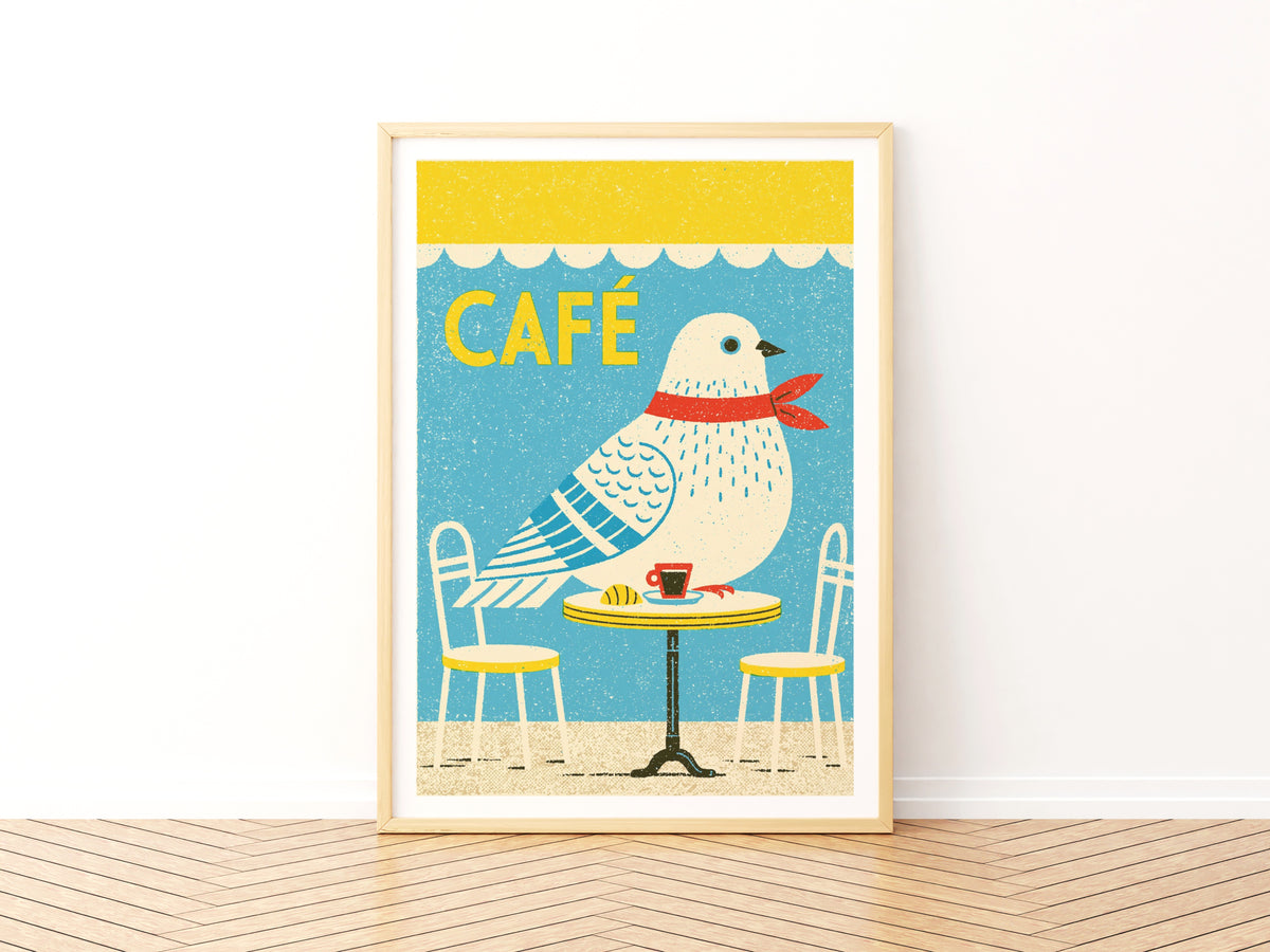 Retro Cafe Bird Art Print, French Pigeon Folk Wall Art, Blue Yellow Kitchen Decor, Vintage Bird