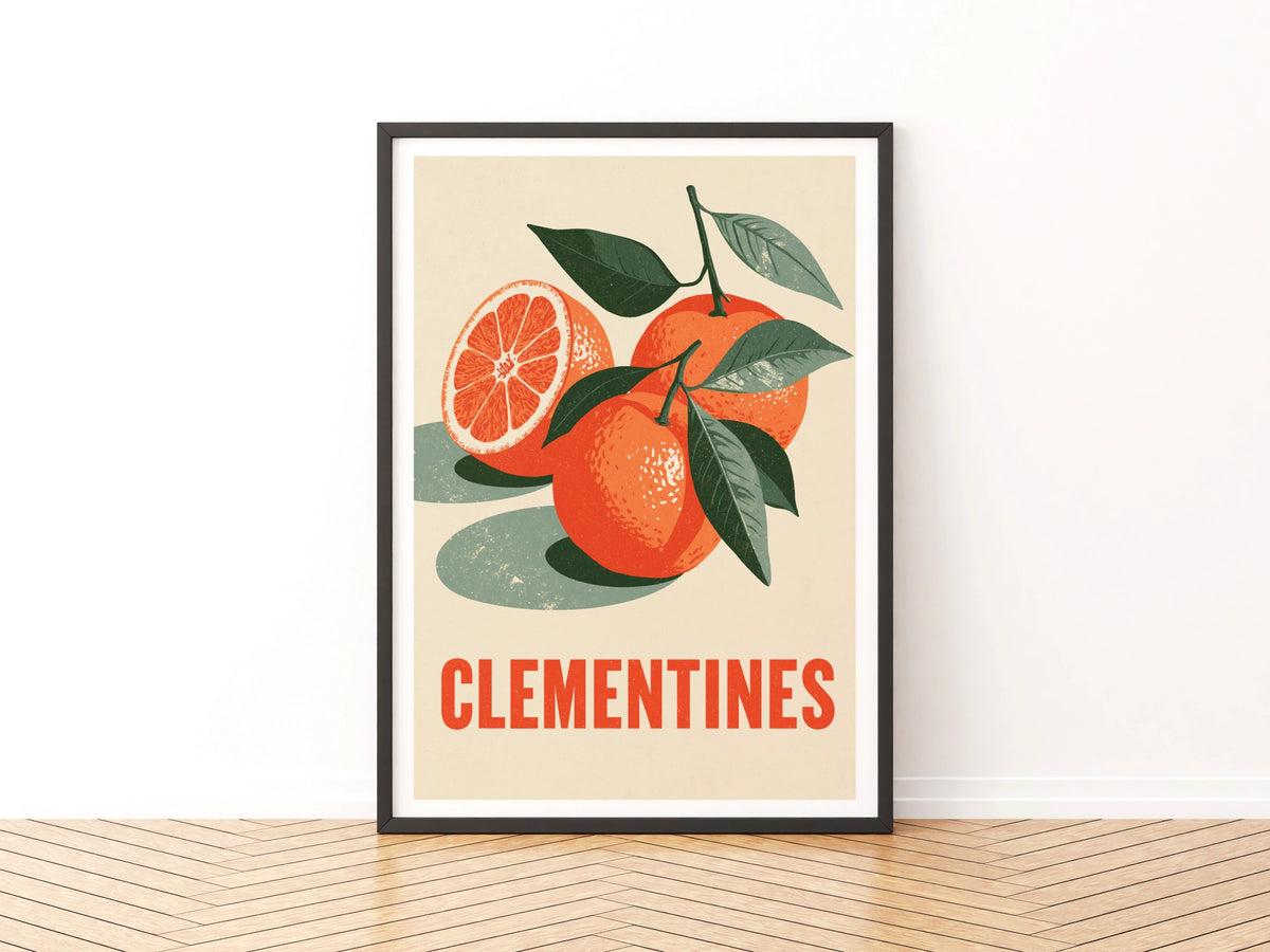 Clementines Vintage Food Poster Print | Rustic Kitchen Decor | Retro Mid Century Risograph Art
