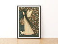 Fairy Girl Blossom Classic Art Print, White Cat Floral Folk Poster, Vintage Style