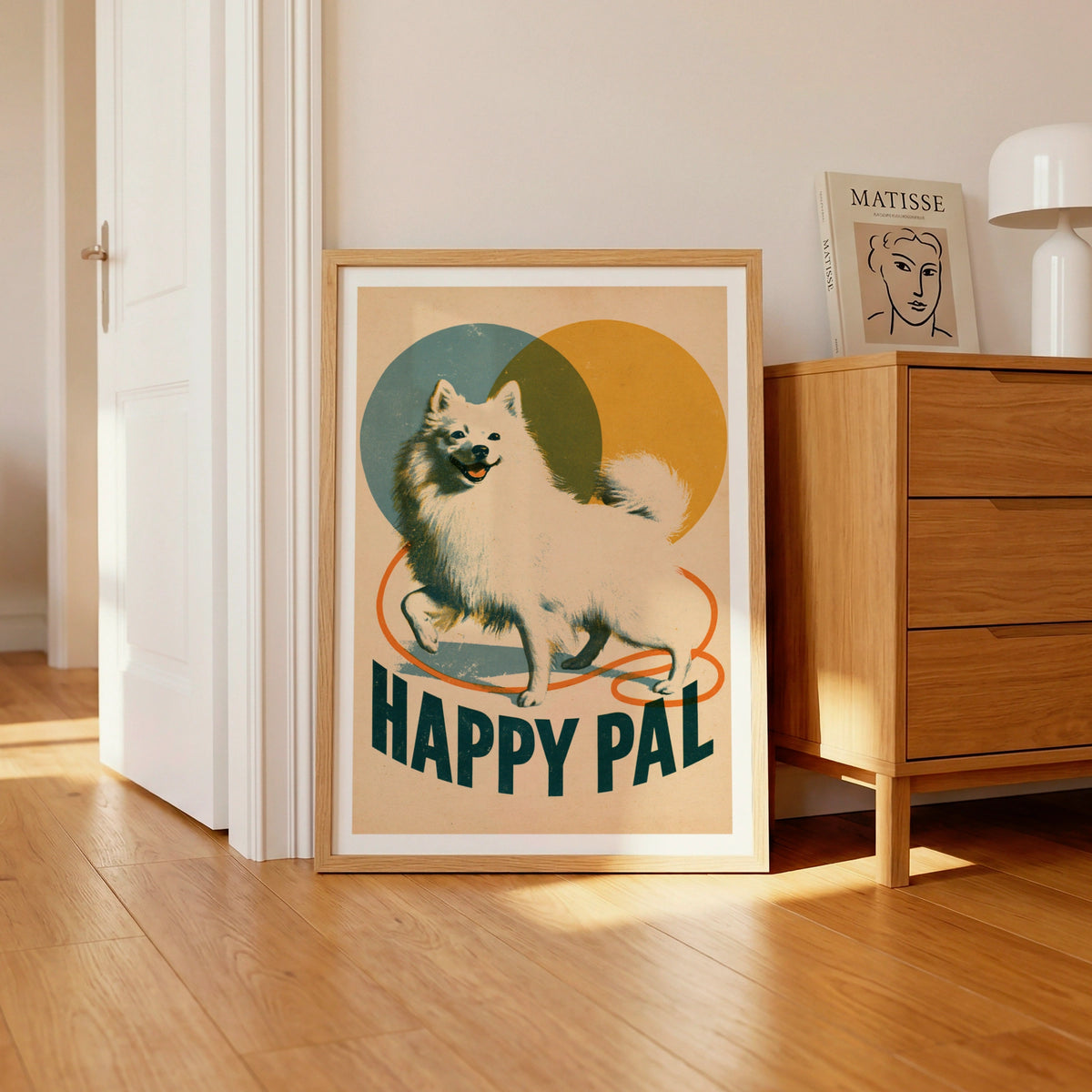 Retro Spitz Dog Poster, Happy Pal Folk Art Print, Vintage Style Wall Art Gift