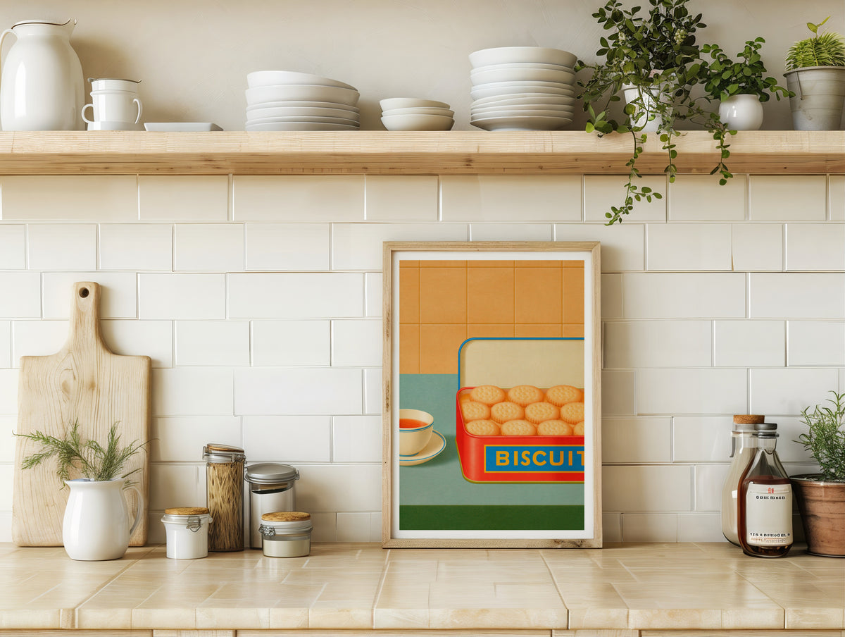 Vintage Food Poster Print, Biscuit Tin Tea Cup, Rustic Kitchen Decor, Retro Mid Century Risograph