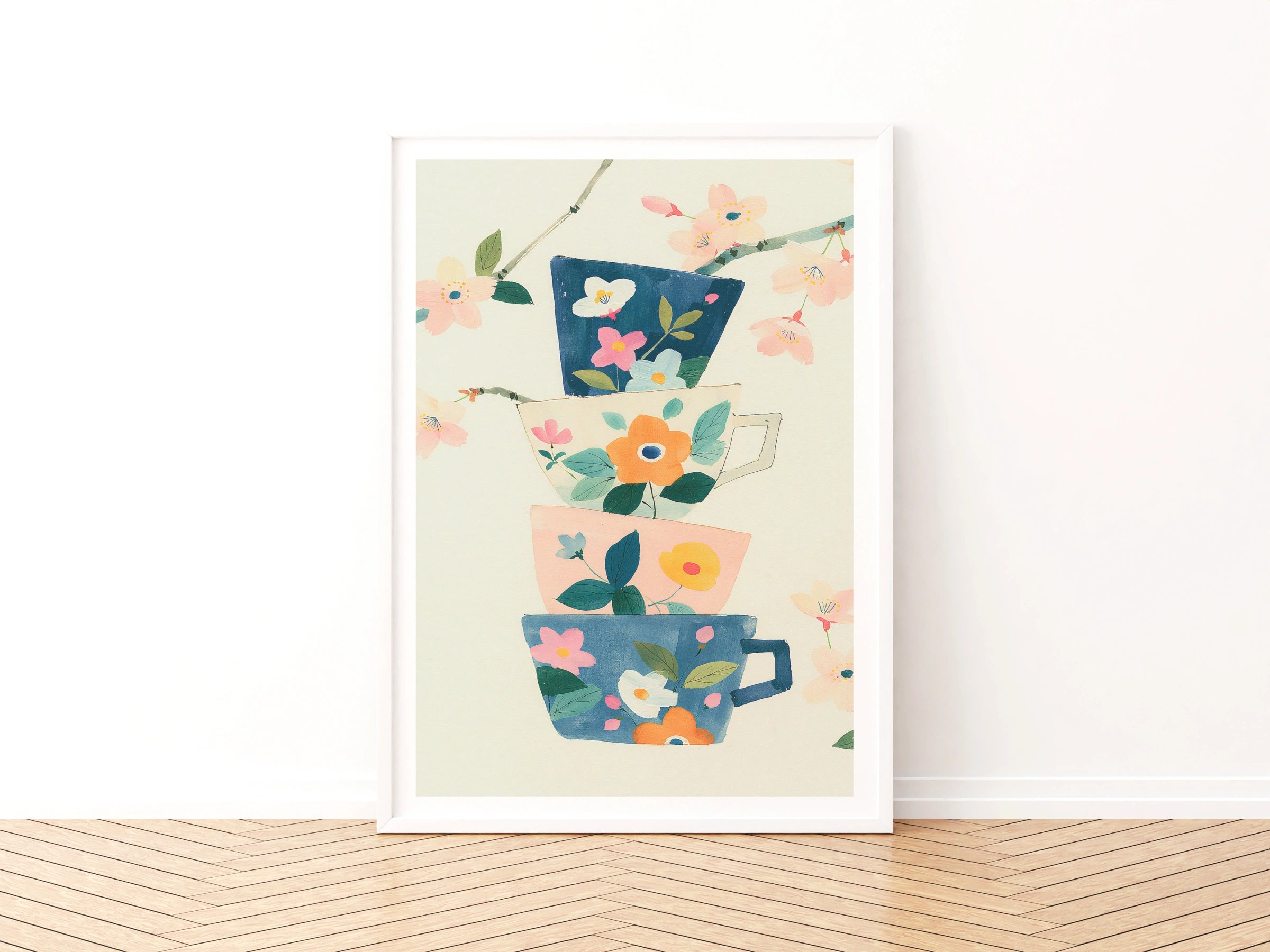 Vintage Food Poster Print, Stacked Floral Teacups, Rustic Kitchen Decor, Retro Mid Century